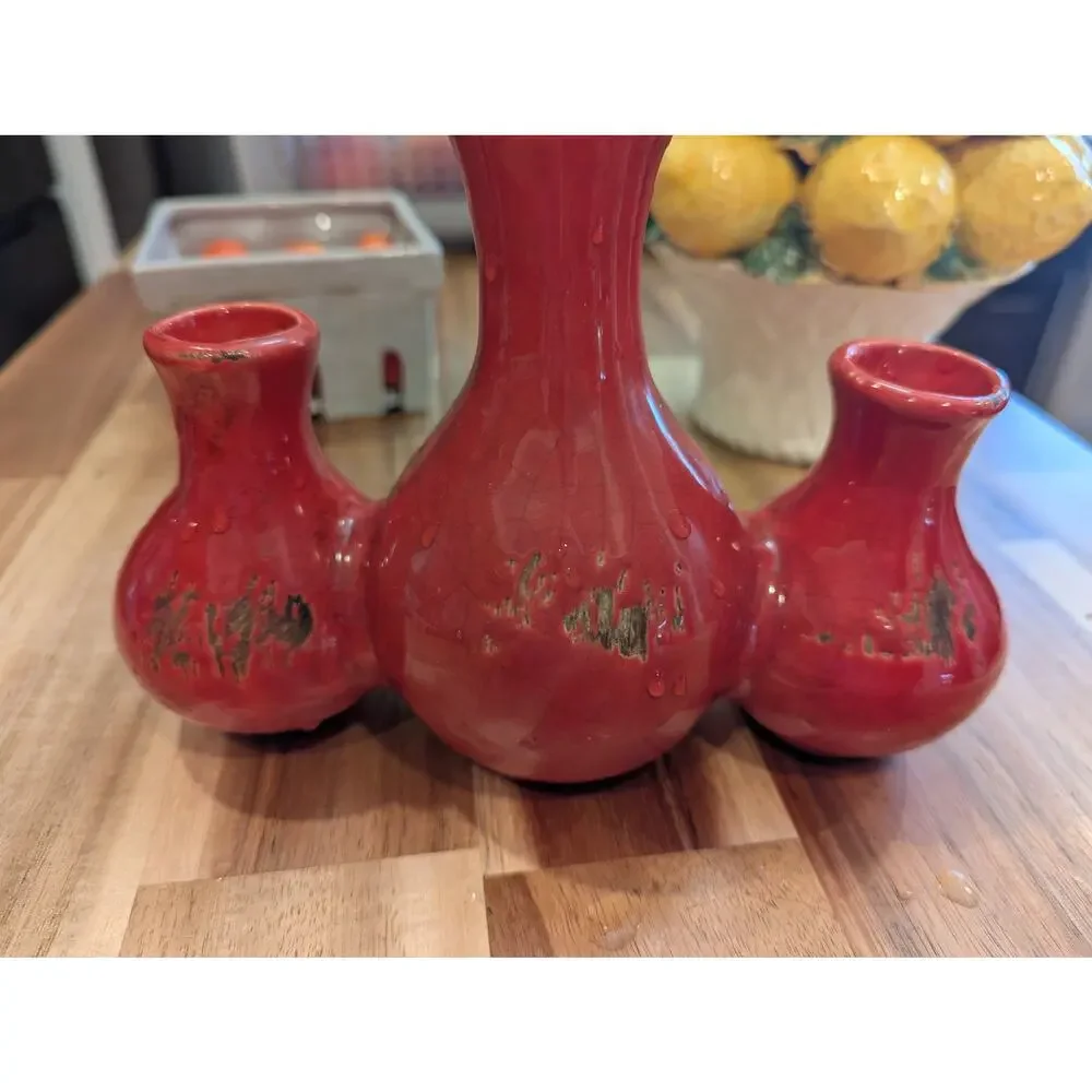 Rustic Red Ceramic Triple Bud Vase Modern Glazed Multi Stem Flower Vase Decor